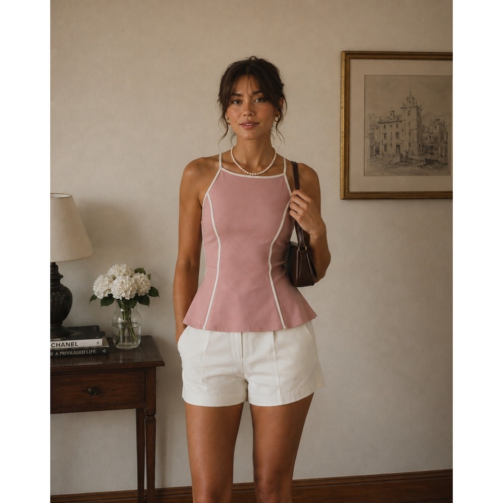 Papaya Pink Contrast Trim Y2K Halter Tank Top Size Small Coquette Balletcore
